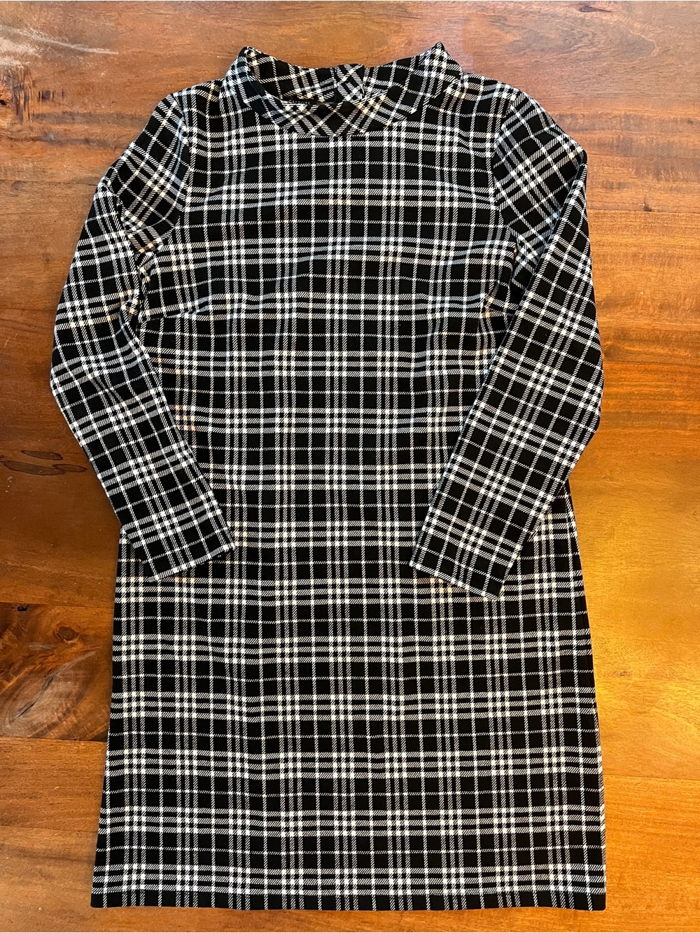 Talbots Womens Petite Med Black/White Plaid Collared Long Sleeve Shirt Dress